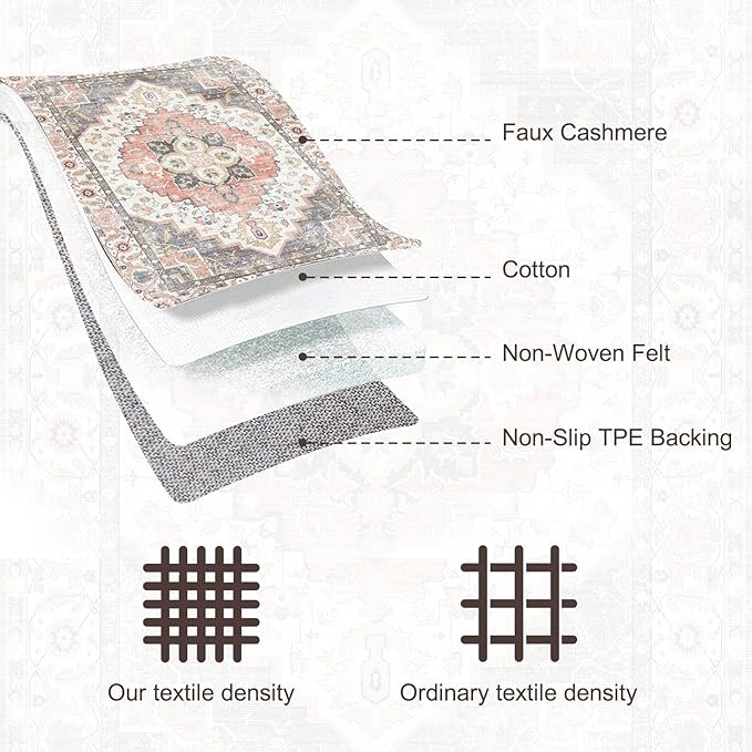 VK VK·LIVING Machine Washable Rug 5'x7' Vintage Design Washable Area Rugs with Non Slip Rugs for Living Room Bedroom Traditional Woven Carpet Stain Resistant, Dining Office Boho Rug (Mistyrose)