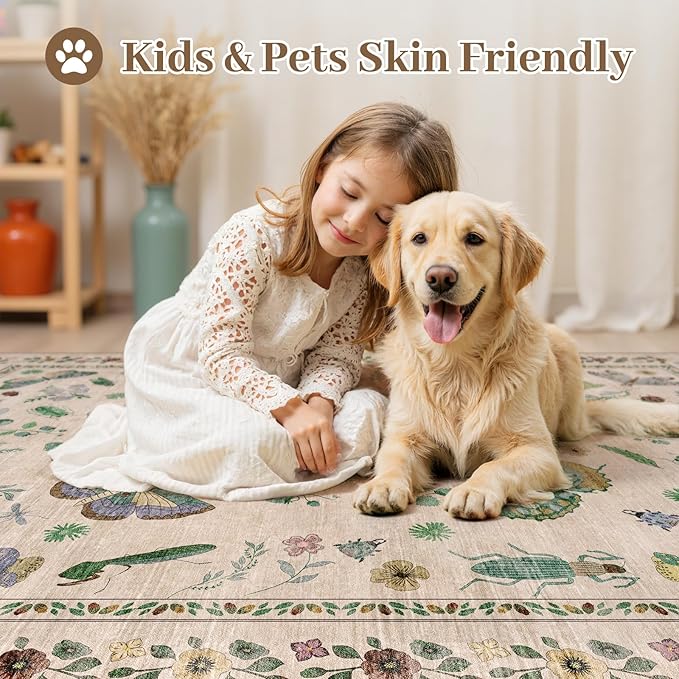 5x8 Non-Slip Insect Print Rug - Indoor Low Pile Machine Washable Bug Rug for Entryway, Front Door, Nursery, Bedroom, Kitchen, Laundry (5'x8' Beige Green)