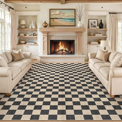 LIVEBOX 9x12 Area Rugs for Living Room, Checkered Non-Slip Washable Rugs, Farmhouse Neutral Classic Geometric Large Boys Area Rug for Bedroom, Carpet for Living Dining Room Office(Black,9'x12')