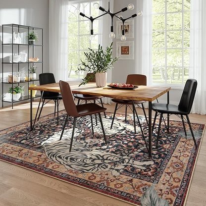 Moynesa Tiger Washable Area Rug, Boho 6x9 Rug for Living Room, Vintage Large Soft Bedroom Rug, Non Slip Ultra Thin Stain Resistant Floor Carpet for Dining Room Home Office, Puce Red