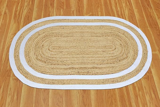 Oval Runner 2x16 Kilim Jute Runner Natural Oval Thick 0.27" Solid Design Beige White Hand Braided Jute Flatweave Mat Handmade Boho Indoor Outdoor Rugs for Hallway Enterway Staircases Corridor