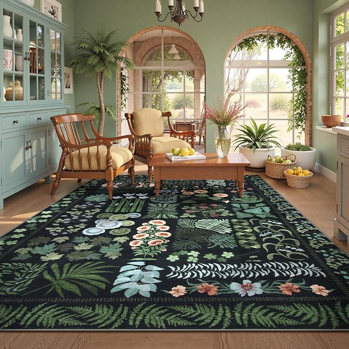 Boho Washable Living Room Bedroom Area Rug 8x10 Under Bed, Floral Large Living Dining Room Area Rugs for Under Table, Non Slip Botanical Indoor Carpet for Home Office Playroom (Black,8 x 10)