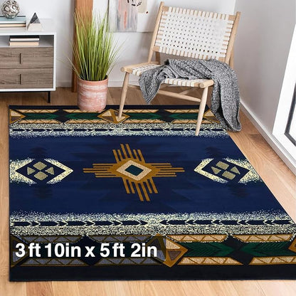 YHSF South West Native American Area Rug C318 - Easy Clean, Thick, Soft, Durable Native Tribal American Indian Inspired Rug for Bedroom/Living Room and More - Navy Blue, 3 ft 10 in x 5 ft 2 in