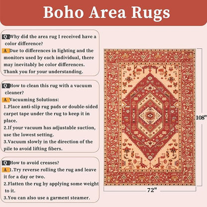 SERISSA 6x9 Area Rugs for Living Room, Large Washable Non-Slip Boho Rug, Ultra Soft Vintage Red Beige Oriental Tribal Print Distressed Carpet for Dining Room Bedroom Dorm Office Home Decor