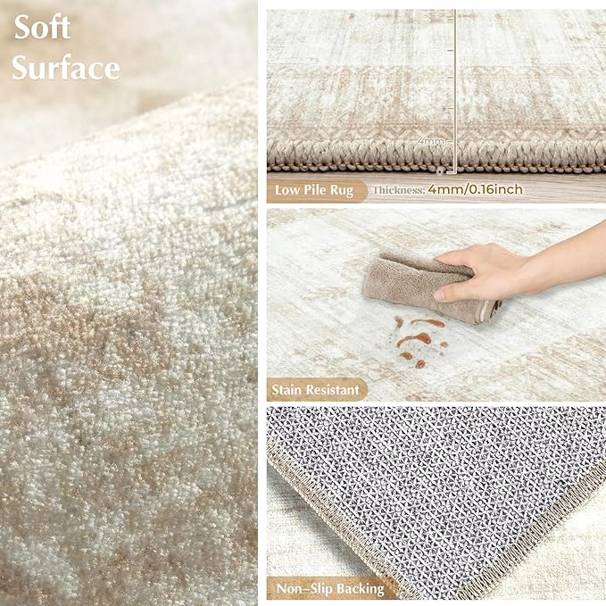 Vintage Living Room Area Rug - 5x7 Large Machine Washable Boho Moroccan Distressed Farmhouse Rugs for Bedroom - Soft Non-Slip Indoor Floor Accent Rugs for Office Dining Room (Beige, 5' x 7')