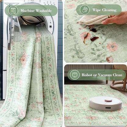 Wonnitar Floral Bow Print Washable Rugs 5x7, Sage Green Rug for Living Room, Ultra-Thin Non Slip Soft Boho Carpet for Dining Room Bedroom Kid Room Playroom, Light Green