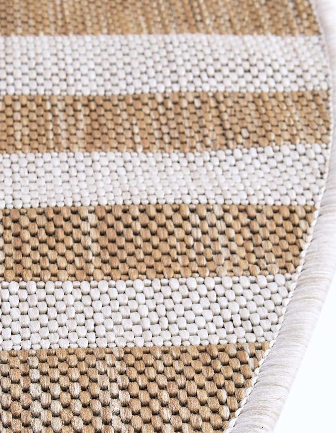 Unique Loom Outdoor Striped Collection Area Rug - Striped (12' Round Taupe/Ivory)
