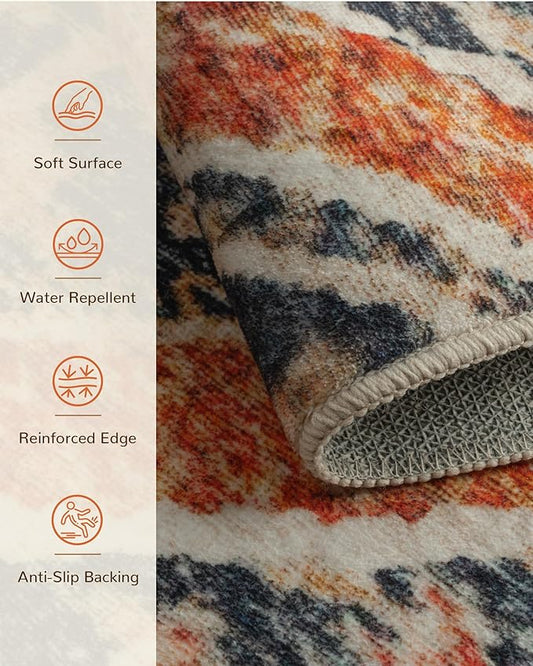 Area Rug 6x9 Rug Machine Washable Non-Slip Low Pile Print Pattern Western Rug Fall Rug for Living Room Bedroom Entryway Tribal Series -Orange/Brown