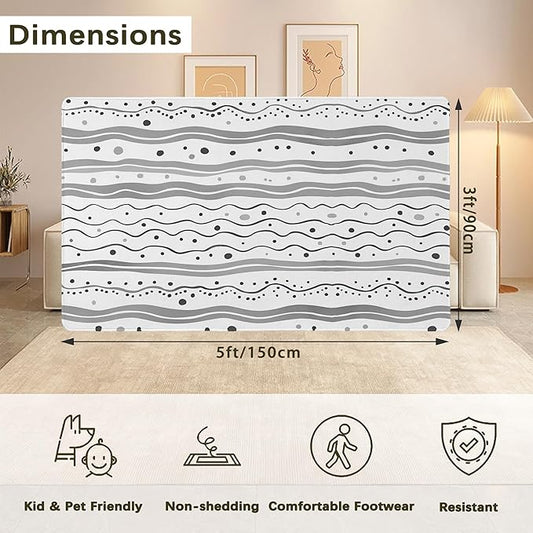 Modern Gray Lines Washable Living Room Area Rug, Low Profile Abstract Pattern, 3x5 Non-Slip Backing Carpet for Kitchen, Bedroom, Dining Room