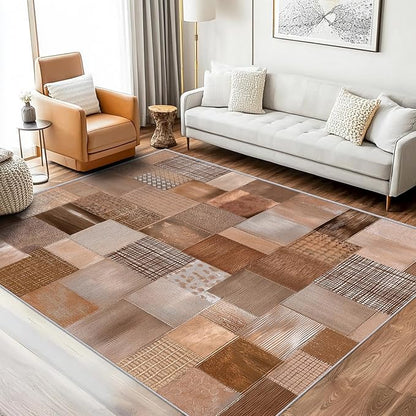 Patchwork Rug, Washable 6x9 Rug for Living Room, Geometric Brown Patterned Indoor Carpet, Patchwork Decor for Home, Bedroom, Soft Non Slip Thin Design FER11
