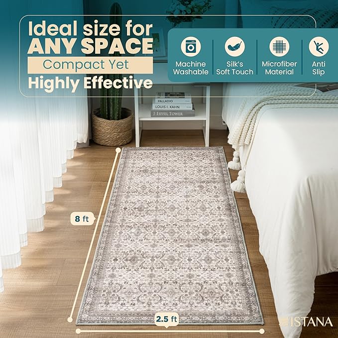 Istana Hallway Runner Rug 2.5x8 – Pale Rose Beige Entryway Rug -Silk's Soft Touch Runners for Hallways - Stylish Kitchen Runner Rug Non Slip