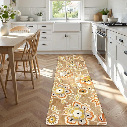 Lahome Floral Runners Rugs for Hallways - 2x6 Washable Non-Slip Kithcen Runner Rug Throw Soft Lightweight Bedroom Rug, Tan Paisley Print Modern Indoor Carpet Runner for Bathroom Laundry Room Entrance