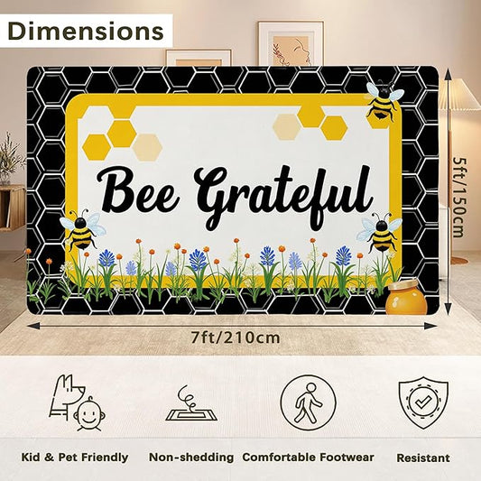 Bee Grateful Rug for Living Room 5x7, Low Pile Non-Slip Backing, Machine Washable Easy Fold Rug for Home, Office, Dorm Room