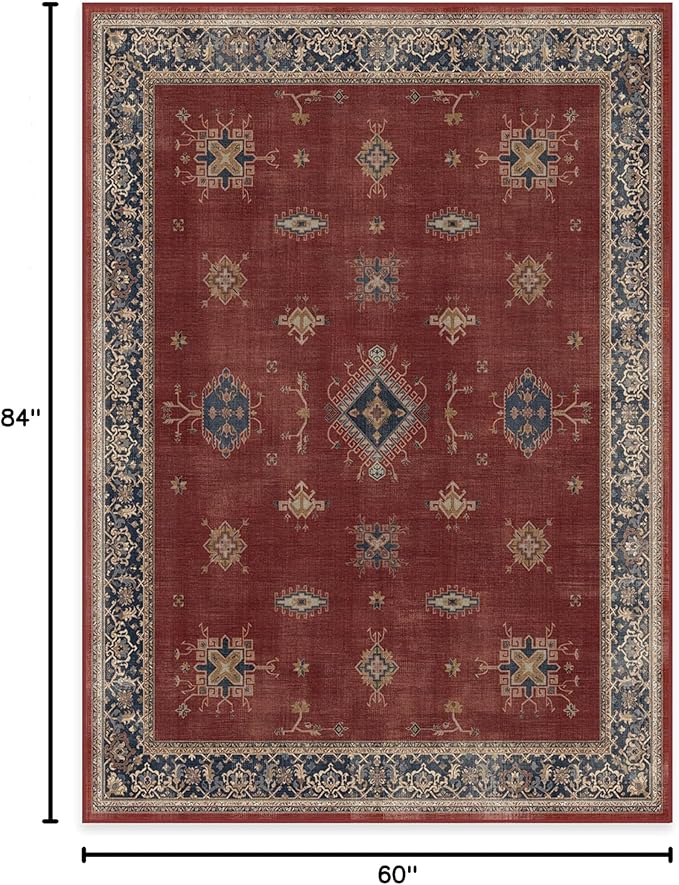 RUGGABLE Washable Vintage Area Rug – Verena Amber Red 5x7, Stain-Resistant, Non-Slip – Medium Machine Washable Rugs for Living Room, Bedroom, Hallway, Entryway & Office–with Standard Pad