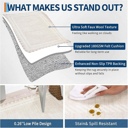 Bordered Washable Non Slip Runner Rug 2x6 for Hallway Kitchen Modern Fodable Stain Resistant Soft Bedroom Living Room Rugs Geometric Non-Shedding Low Pile Long Carpet, Beige