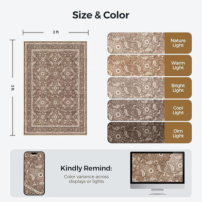WITSHOCK Washable 2x3 Entryway Area Rug: Soft Non-Slip Backing Washable Rugs Vintage Flower Boho Accent Small Rugs for Bedroom, Kitchen, Bathroom, Nursery Entrance,Dark Brown