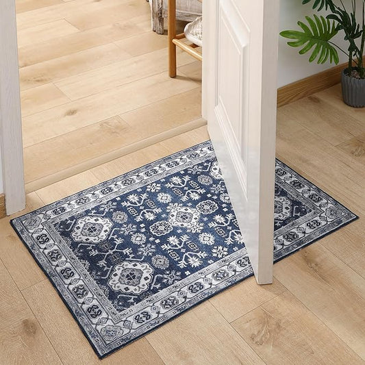 VK VK·LIVING Entryway Washable Rug 2'x3' Small Boho Bathroom Throw Area Rug Non Slip Doormat Indoor Front Door Machine Washable Carpet for Bathroom Kitchen Vintage (Navy)