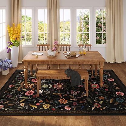 Vintage Medallion Floral 5x7 Area Rugs, Machine Washable Non-Slip, Low Pile Soft Carpet for Living Room, Bedroom, Dining Room, Farmhouse, Kids Playroom, Office | Black