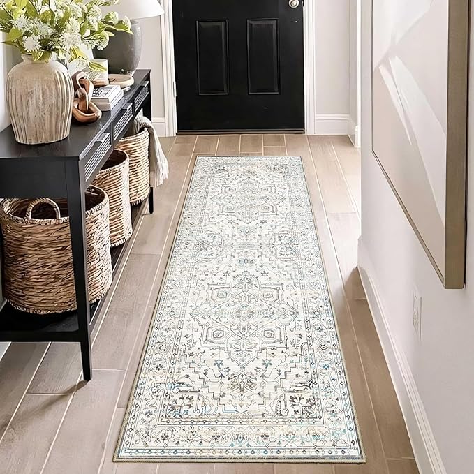 Enkor Runner Rugs for Hallway, 2x6 Washable Soft Non Slip Floor Rugs for Kitchen, Modern Mat for Living Room Bedroom Entryway White & Grey