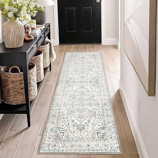 Enkor Runner Rugs for Hallway, 2x6 Washable Soft Non Slip Floor Rugs for Kitchen, Modern Mat for Living Room Bedroom Entryway White & Grey