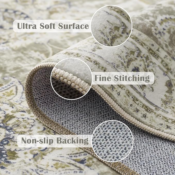 jinchan Fiora Runner Rug 2x6 Washable Hallway Runner - Vintage Floral Non Slip Low-Pile Soft Thin Kitchen Rug Distressed Carpet for Farmhouse Bedroom Entryway Laundry Room(2x6ft, Taupe)