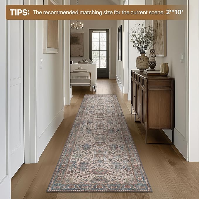 Bavni Runner Rug, Machine Washable Rugs for Bedroom 2x5, Non Slip Boho Rugs with Rubber Backing, Ultra-Thin Folable Rug Runner for Hallways Bathroom, Blue/Ivory