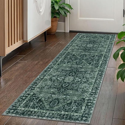 KOZYFLY Runners for Hallways 2x5 Ft Washable Kitchen Runner Rug Boho Runner Rug for Entryway Indoor Printed Oriental Faux Wool Floor Carpet Runner for Laundry Room Kitchen Hall, Dark Green