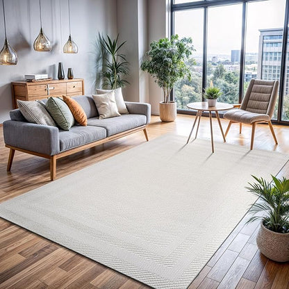 CAMILSON Micro Loop Rug 6x9 Modern Luxury Bordered Area Rugs Soft High and Low Pile Stain Resistant Easy-Cleaning Non-Shedding for Living Room Office Indoor Carpet (6 x 9 / White)