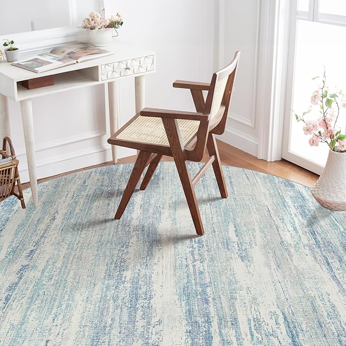 MUJOO Round Rugs 5ft,Circle Area Rug Washable,Circular Rugs for Living Room Dining Room,Modern Abstract Non Slip Throw Carpet Accent Neutral Blue