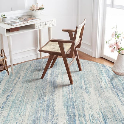 MUJOO Round Rugs 5ft,Circle Area Rug Washable,Circular Rugs for Living Room Dining Room,Modern Abstract Non Slip Throw Carpet Accent Neutral Blue
