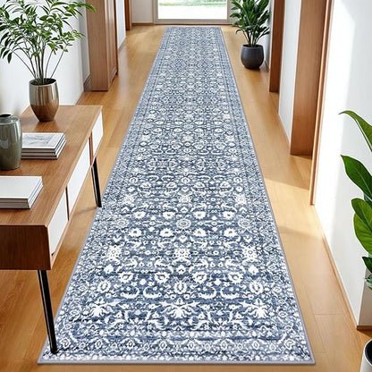Vintage Runner Rug 2x12, Light Blue White Washable Long Kitchen Runner Non-Slip Floral Soft Hallway Rug Runner Thin Print Faux Wool Carpet for Entryway Bedroom Laundry Room Indoor Home Decor