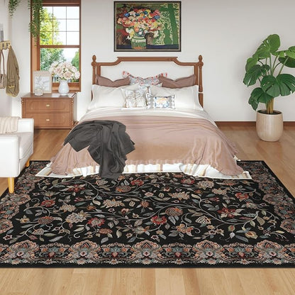 Rugcomf Vintage Paisley Rugs for Living Room 5'x7' - Machine Washable Area Rug, Non-Slip Low Pile Floral Carpet for Bedroom, Dining Room, Farmhouse, Office, Kids Playroom - Black