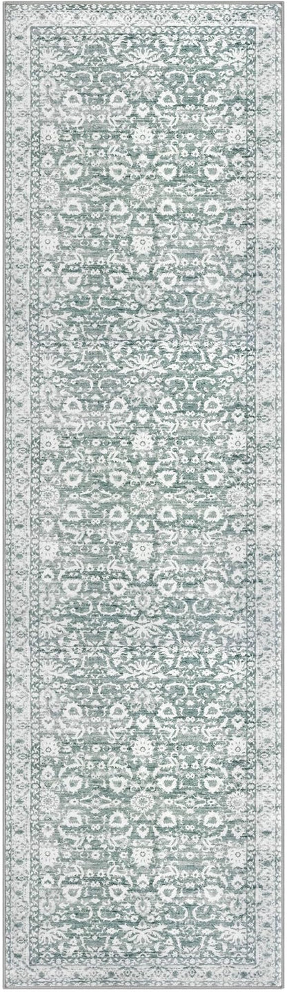 Vintage Floral 2x7 Runner Rug, Sage Green White Washable Kitchen Runner Rug Non-Slip Hallway Rug Runner Boho Super Soft Thin Printed Faux Wool Carpet for Entryway Bedroom Laundry Room Indoor