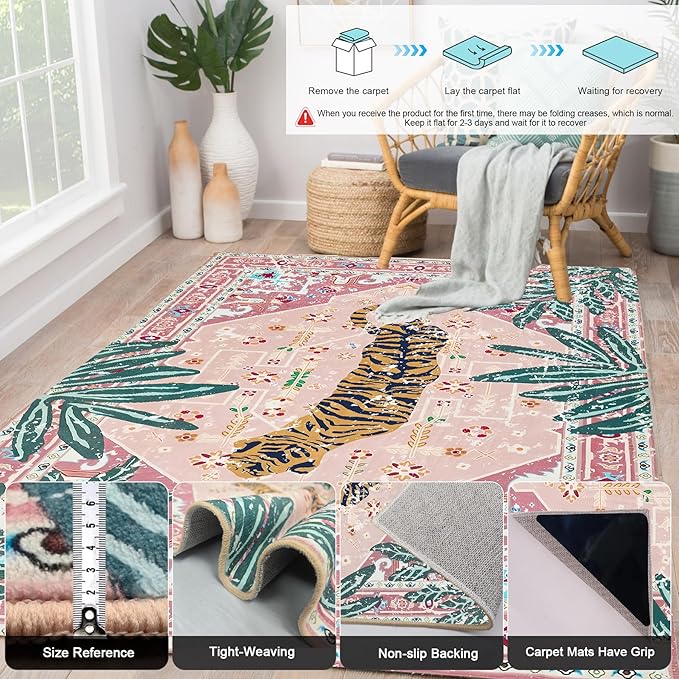 Pink Rug 4x6 Oriental Washable Non-Slip Tiger Rug Ultra Soft Vintage Print Tropical Carpet for Living Dining Playroom Nursery Camper