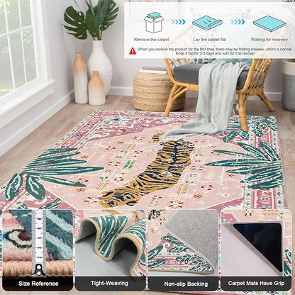 Pink Rug 4x6 Oriental Washable Non-Slip Tiger Rug Ultra Soft Vintage Print Tropical Carpet for Living Dining Playroom Nursery Camper