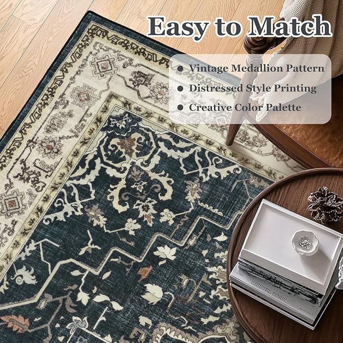 Vintage Distressed 2x3 Kitchen Rugs Washable Non Slip, Medallion Door Mat Indoor Entrance Entryway, Small Low Pile Rugs for Bedroom/Bathroom Vanity/Laundry Room, Midnight with Multi Accents