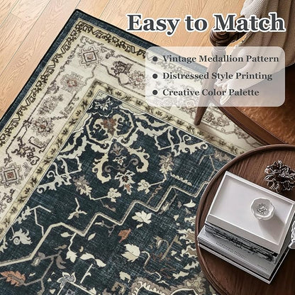 Washable Throw Rugs for Entryway, 4x6 Dark Rug with Rubber Backing for Living Room Bedroom, Vintage Medallion Distressed Area Rug for Kitchen/Bathroom/Dorm/Home Office, Midnight/Multi