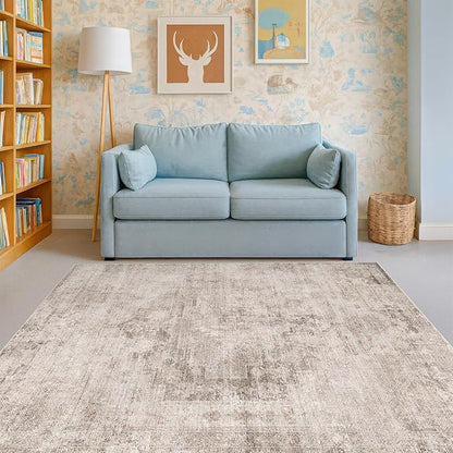 Washable 4x6 Rug for Small Living Room, Area Rug for Kitchen, Bedside, Large Entryway Indoor - Stain Resistant Non Slip with Rubber Backing, Unique Floral Aethestic Décor, Light Brown & Beige