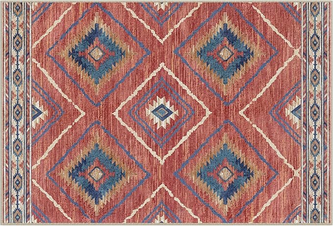 Area Rug 5x8 Rug Machine Washable Non-Slip Low Pile Print Pattern Western Rug for Living Room Bedroom Entryway Tribal Series-Red/Orange