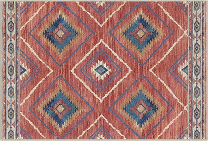 Area Rug 5x8 Rug Machine Washable Non-Slip Low Pile Print Pattern Western Rug for Living Room Bedroom Entryway Tribal Series-Red/Orange