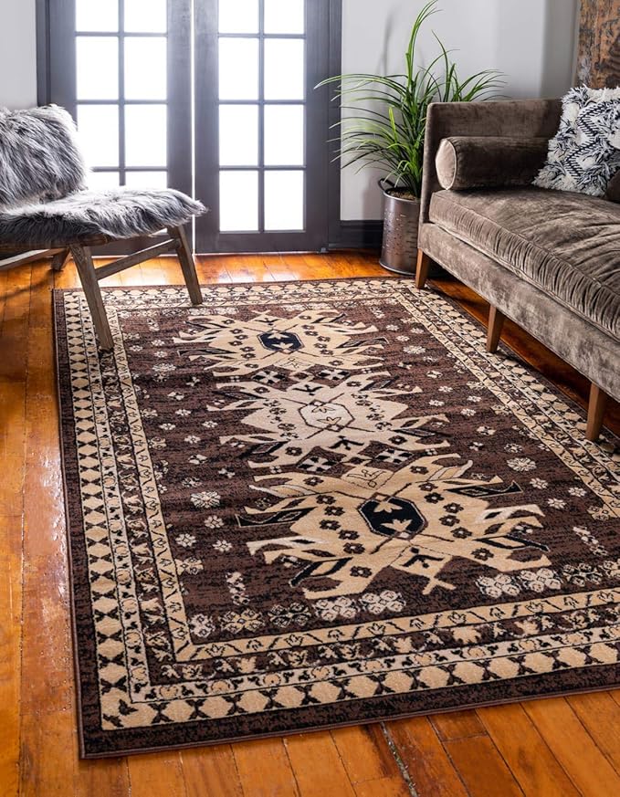 Unique Loom Taftan Collection Border Geometric Tribal Inspired Design Area Rug (9' 0 x 12' 0 Rectangular, Brown/ Tan)