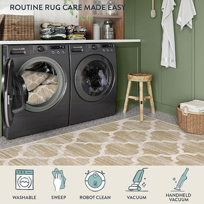 Lahome Moroccan Washable Rugs 3x5 - Non-Slip Entryway Rug Boho Soft Bedroom Rugs Aesthetic Throw Office Taupe Print Distressed Indoor Floor Carpet for Bathroom Laundry Room Dining Room