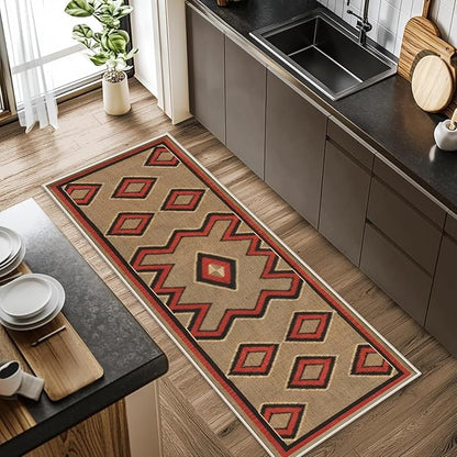 Brown Base Red Black Diamond Runner Rug, 1.3x7ft Zigzag Pattern Hallway Runner Rug, Corridor & Foyer High-Traffic Area Rugs, Durable Flannel Carpet Non-Slip Mat, Southwestern Home Decor