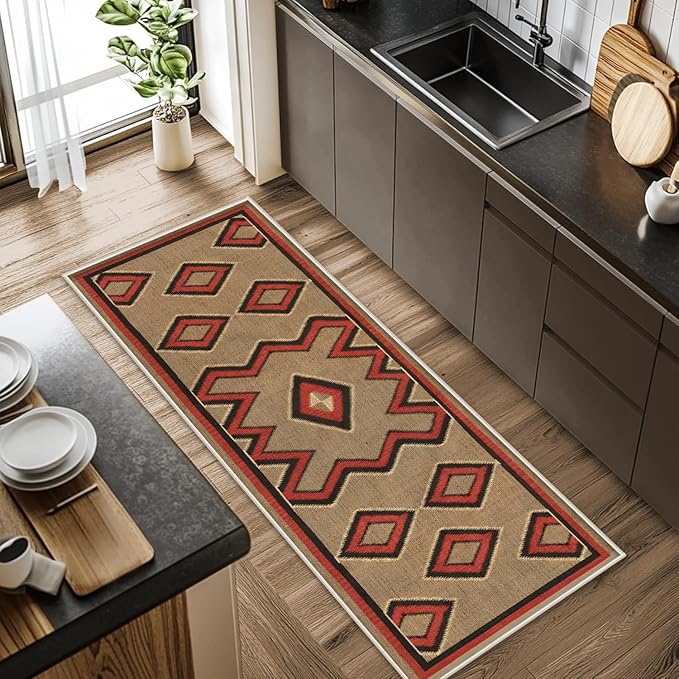 Brown Base Red Black Diamond Runner Rug, 2x8ft Zigzag Pattern Hallway Runner Rug, Corridor & Foyer High-Traffic Area Rugs, Durable Flannel Carpet Non-Slip Mat, Southwestern Home Decor