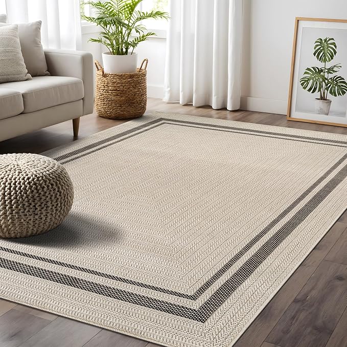 Beverly Rug Easy Jute Bordered Rug 10x14 Washable Large Indoor Outdoor Area Rugs for Living Dining Room Patio Office Stain Resistant Non Shedding Casual Indoor Outside Carpet 10 x 14 Off-White