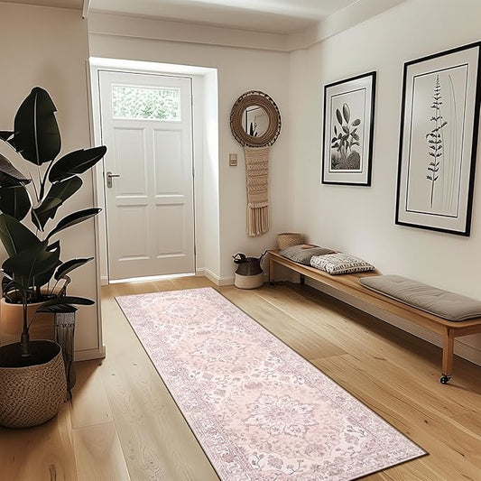 Area Rugs 2'x8' Washable Non-Slip, Floral Vintage Distress Print Pattern Medallion Carpet for Living Room Bedroom Dining Room, Pink Greypink Cute