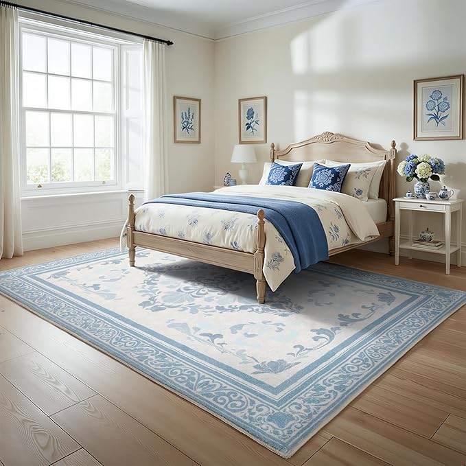 SOULFUL Medium Pile 3x5 Area Rug - Soft Foot Feel Small Entryway Rug - Mist Blue Boho Floral - Washable Non-Slip - Perfect for Living Room Bedroom Foot Kids Room Reading Nook