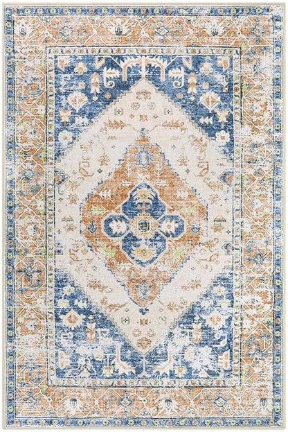 Lahome Boho Small Entryway Rug - 2x3 Non-Slip Washable Rugs for Kitchen Oriental Throw Ultra-Thin Area Rugs for Bedroom Accent Distressed Blue Floor Doormat Carpet for Bathroom Laundry Living Room