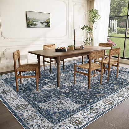 Area Rug 9x12 Washable Rug, Vintage Boho Medallion Rugs Non-Slip Soft Low Pile Large Distressed Rug Indoor Retro Carpet for Living Room Bedroom Dining Room Home Office (Vintage Blue, 9'x12')