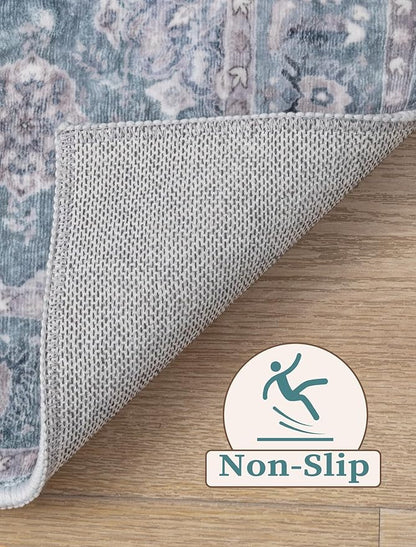 SERISSA Boho Washable Runner Rug, 2x6 Rug Non-Slip Vintage Floral Hallway Kitchen Runner Rug Ultra Soft Print Distressed Blue Grey Floor Carpet for Bedroom Bathroom Laundry Room